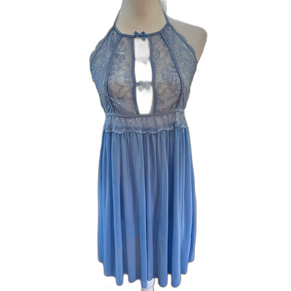 Shirley of Hollywood Lingerie Sexy Sheer Blue Lace Babydoll Peekaboo Cutouts XL